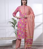 pink pure cotton floral,sequins work kurta dupatta pant set