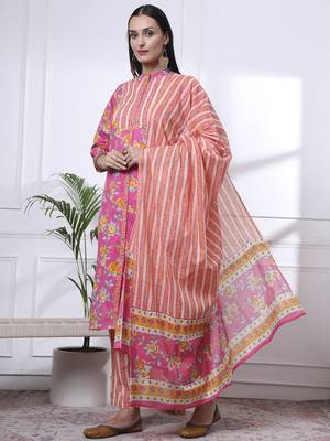 pink pure cotton floral,sequins work kurta dupatta pant set 2