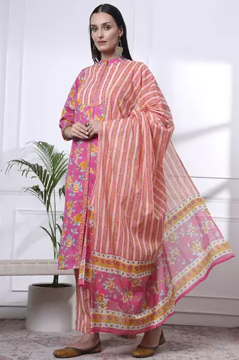 pink pure cotton floral,sequins work kurta dupatta pant set