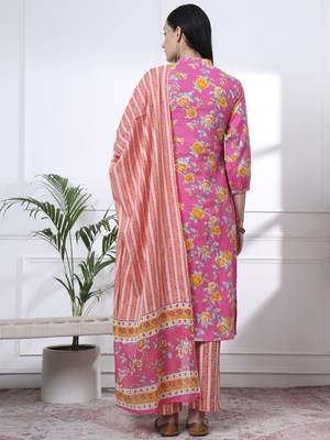 pink pure cotton floral,sequins work kurta dupatta pant set 3