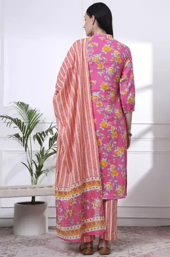pink pure cotton floral,sequins work kurta dupatta pant set
