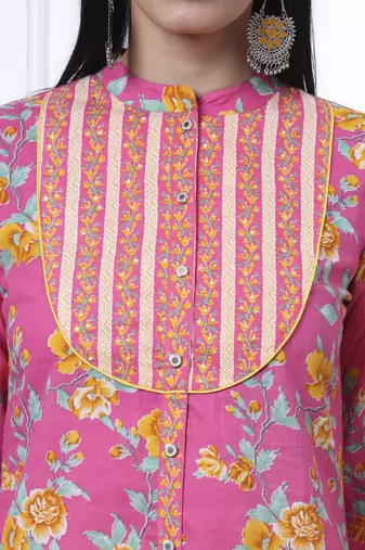 pink pure cotton floral,sequins work kurta dupatta pant set
