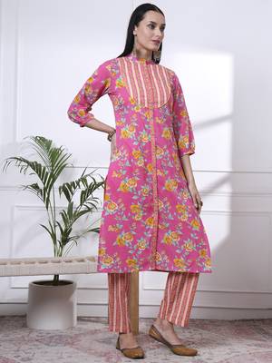 pink pure cotton floral,sequins work kurta dupatta pant set 5