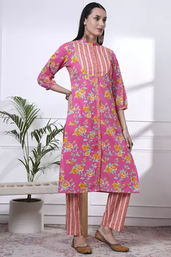 pink pure cotton floral,sequins work kurta dupatta pant set
