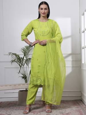 slik blend lime green straight kurta dupatta pant set  1