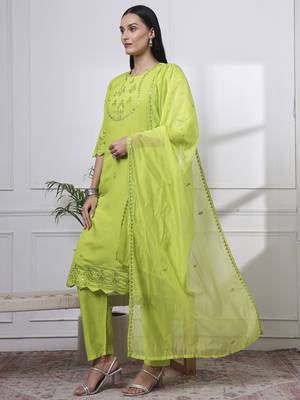 slik blend lime green straight kurta dupatta pant set  2