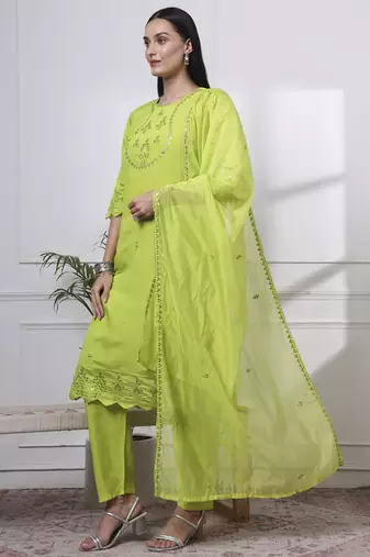 slik blend lime green straight kurta dupatta pant set 