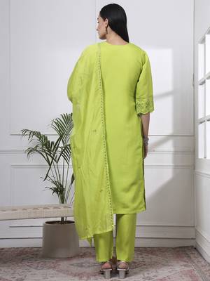 slik blend lime green straight kurta dupatta pant set  3
