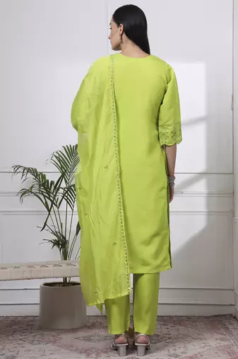slik blend lime green straight kurta dupatta pant set 