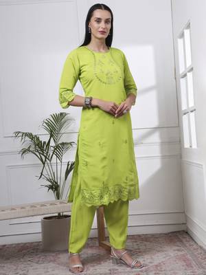 slik blend lime green straight kurta dupatta pant set  5