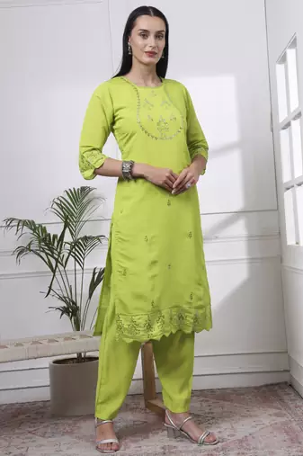 slik blend lime green straight kurta dupatta pant set 