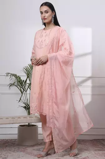 slik blend peach straight kurta dupatta pant set 