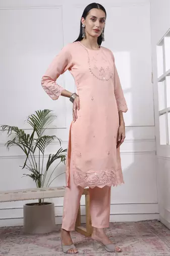 slik blend peach straight kurta dupatta pant set 