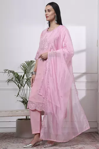 slik blend pink straight kurta dupatta pant set 