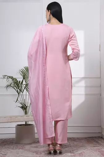 slik blend pink straight kurta dupatta pant set 