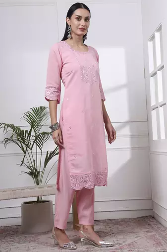slik blend pink straight kurta dupatta pant set 