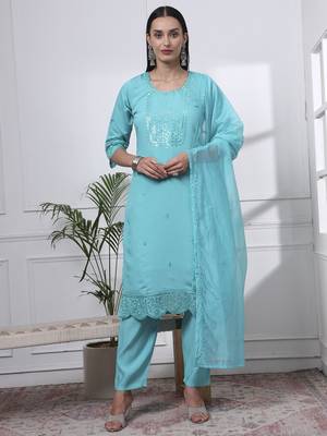 slik blend turquoise blue straight kurta dupatta pant set  1