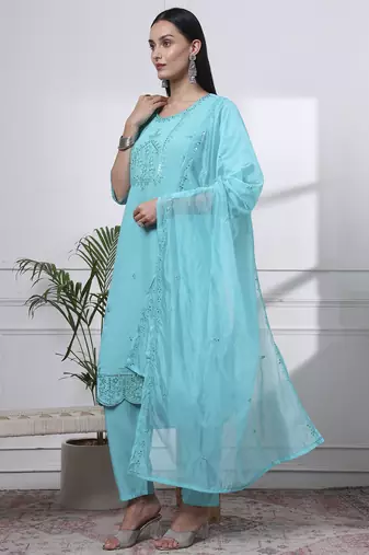 slik blend turquoise blue straight kurta dupatta pant set 