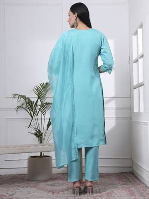 slik blend turquoise blue straight kurta dupatta pant set  3