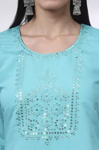slik blend turquoise blue straight kurta dupatta pant set 