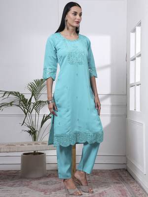 slik blend turquoise blue straight kurta dupatta pant set  5
