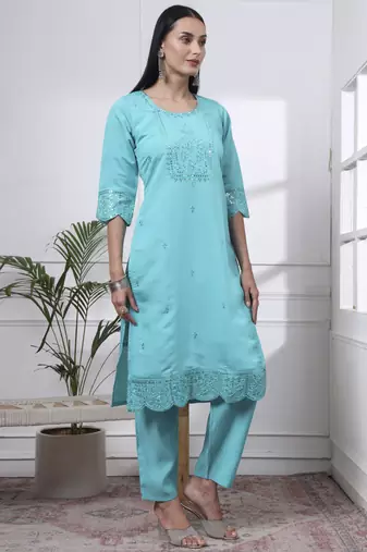 slik blend turquoise blue straight kurta dupatta pant set 