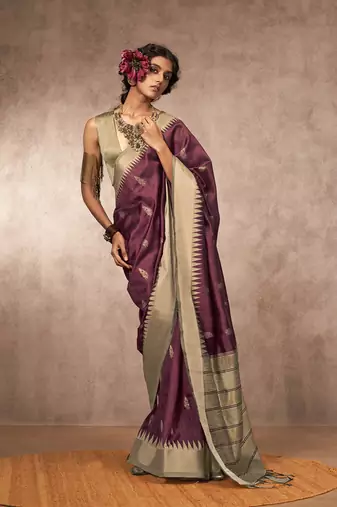 Weaving bhagalpuri silk blend wine saree