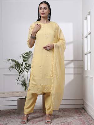 butter yellow slik blend straight kurta dupatta pant set  1