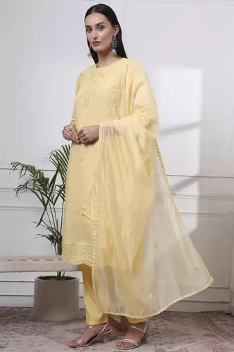butter yellow slik blend straight kurta dupatta pant set 