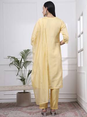 butter yellow slik blend straight kurta dupatta pant set  3