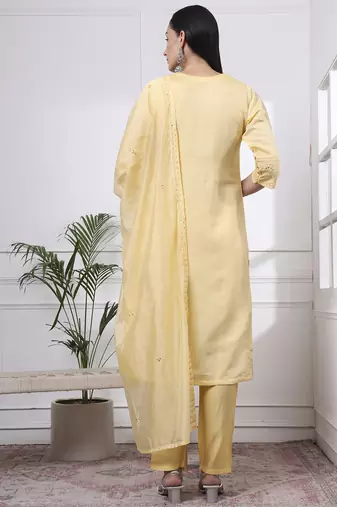butter yellow slik blend straight kurta dupatta pant set 
