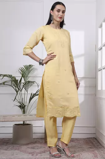 butter yellow slik blend straight kurta dupatta pant set 