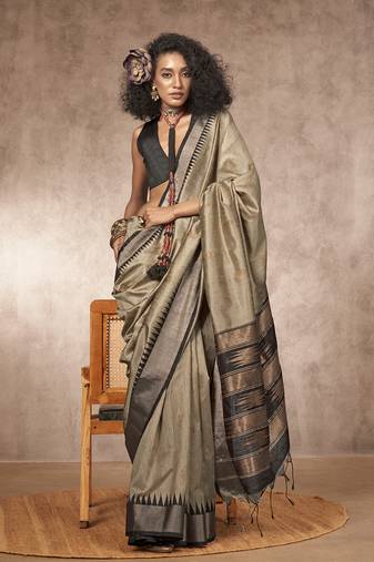 Weaving bhagalpuri silk blend grey saree