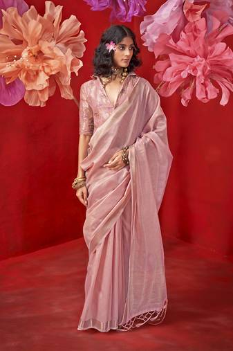 Light pink tissue weaving zari saree