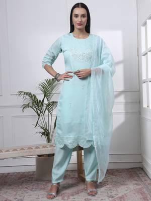 sky blue slik blend straight kurta dupatta pant set  1