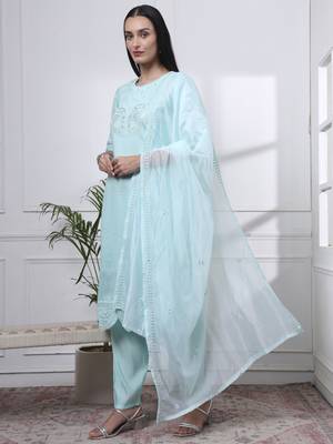 sky blue slik blend straight kurta dupatta pant set  2