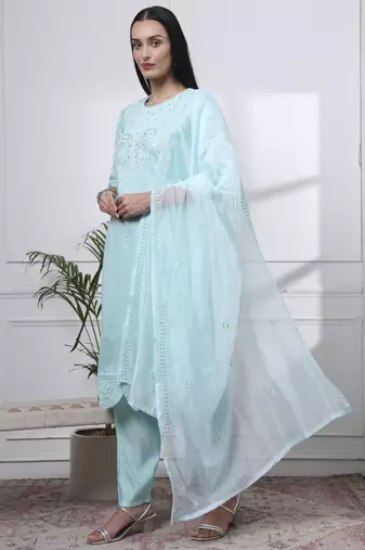 sky blue slik blend straight kurta dupatta pant set 