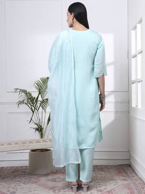 sky blue slik blend straight kurta dupatta pant set  3