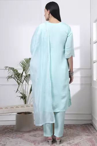 sky blue slik blend straight kurta dupatta pant set 