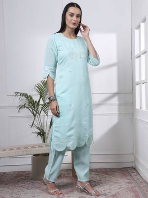 sky blue slik blend straight kurta dupatta pant set  5