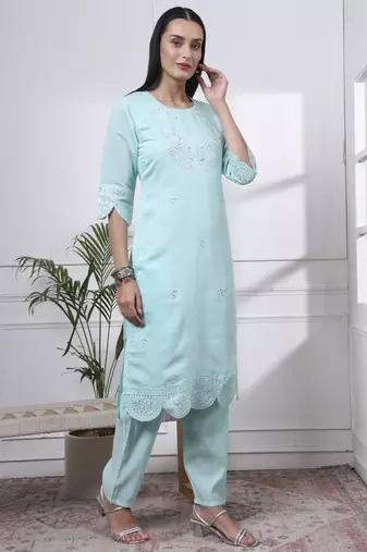 sky blue slik blend straight kurta dupatta pant set 