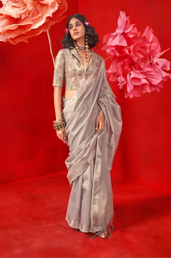 Light grey tissue weaving zari saree