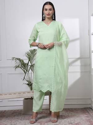 pastel green slik blend straight kurta dupatta pant set  1