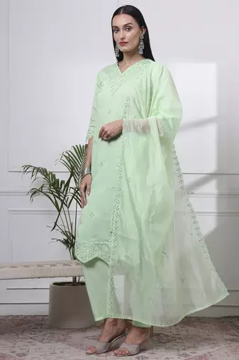 pastel green slik blend straight kurta dupatta pant set 