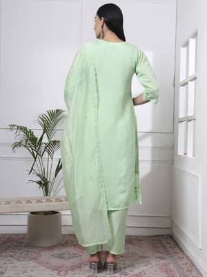 pastel green slik blend straight kurta dupatta pant set  3