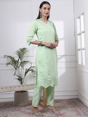 pastel green slik blend straight kurta dupatta pant set  5