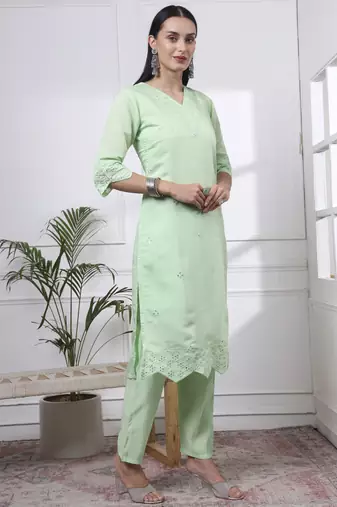 pastel green slik blend straight kurta dupatta pant set 