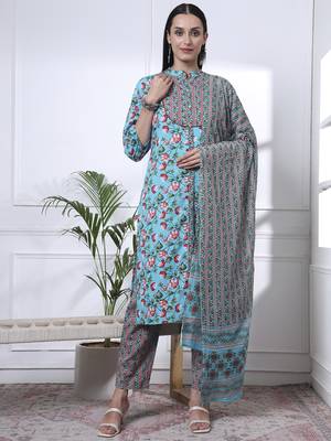 turquoise blue cotton blue straight kurta dupatta pant set 1