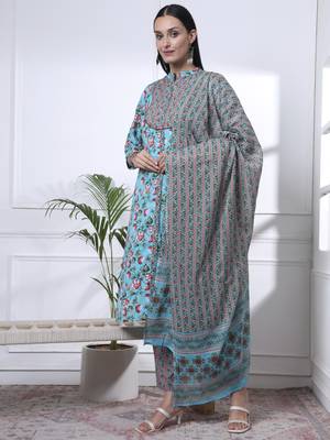 turquoise blue cotton blue straight kurta dupatta pant set 2