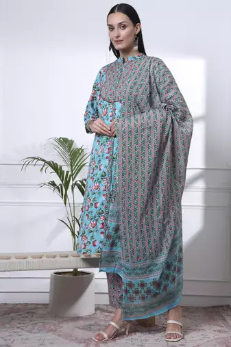 turquoise blue cotton blue straight kurta dupatta pant set